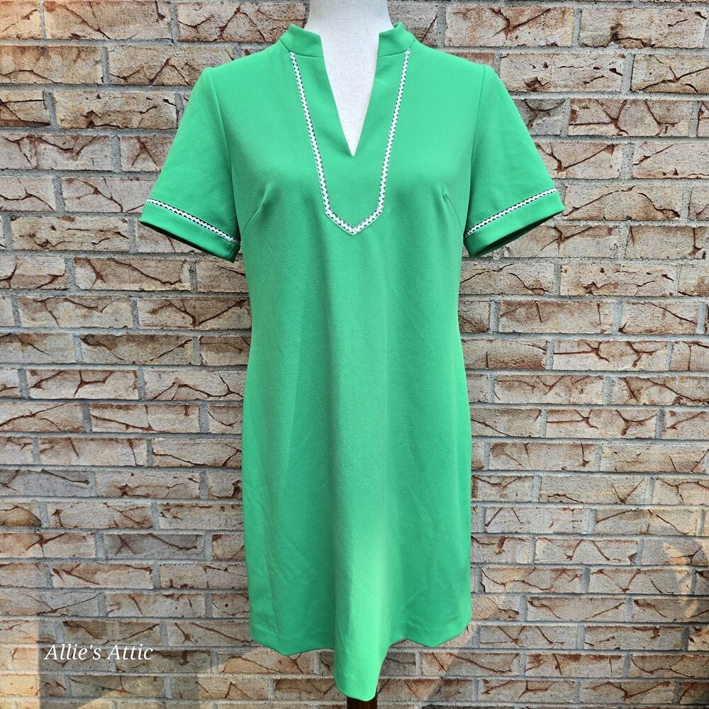 Tommy Hilfiger Green Polyester Shift Dress White Detail Classic Office Logo 10